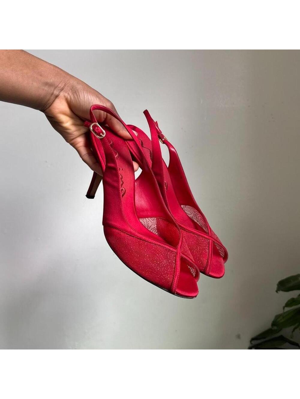 Vintage Red Satin Nina Slingback Peep Toe Glitter Mesh‎ Heels Size 10